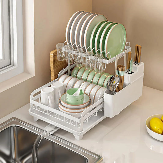 Double Layer Kitchen Dish Drain Rack with Cup Rack and Cutlery Rack