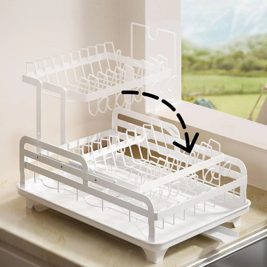 Double Layer Kitchen Dish Drain Rack with Cup Rack and Cutlery Rack